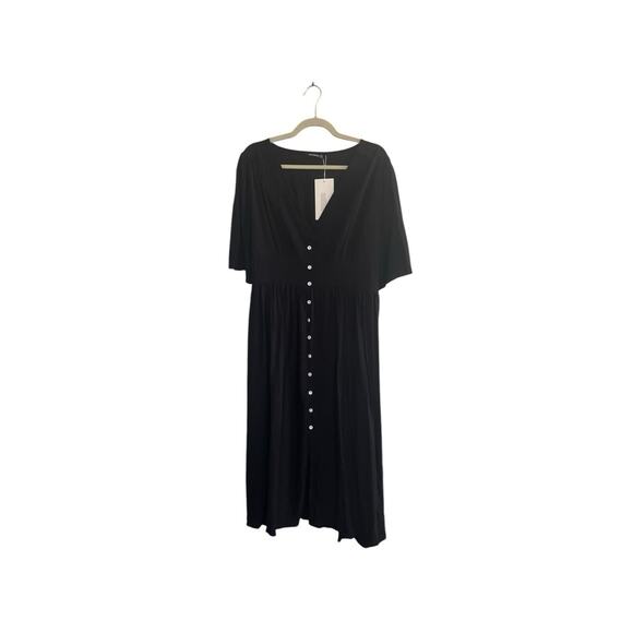 NWT Bloomchic Women 12 Midi Dress Short Sleeve Black Button Front Smocking #3917 - Picture 1 of 10